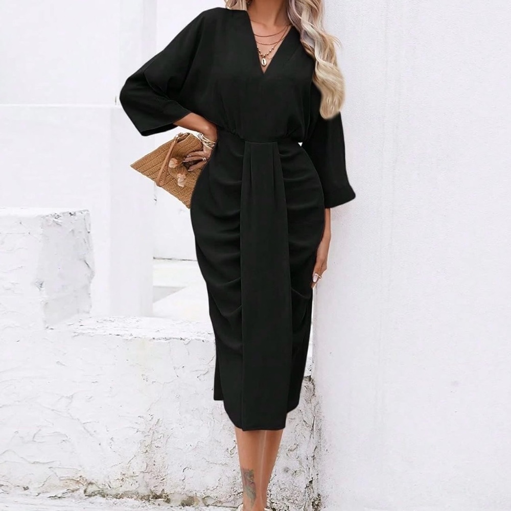Summer Women's Casual Dress Solid Ruched Fitted Midi Black Dress - Picture 2 of 6